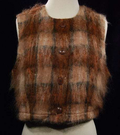 Girl's fuzzy plaid mohair vest in brown tones by Banana Republic with button front and cotton lining