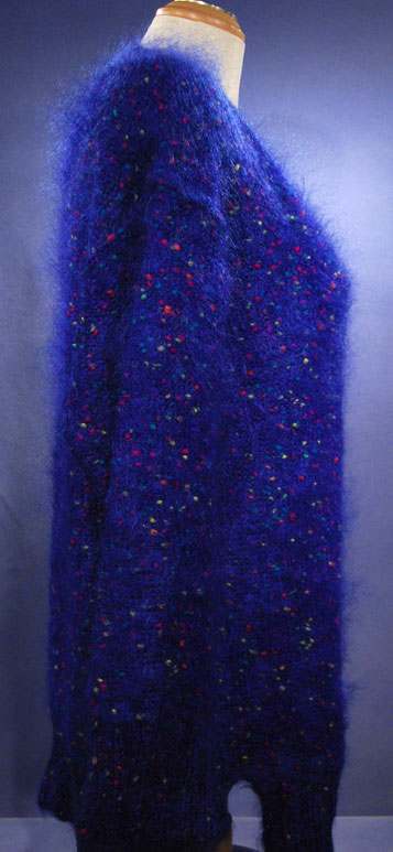 Woman's blue speckled mohair V-neck sweater with multicolor knit-in specks, fuzzy texture, small-medium size