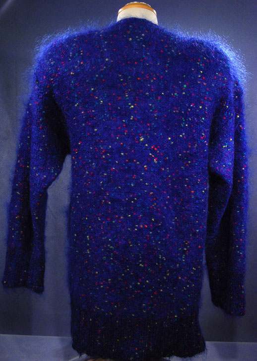 Woman's blue speckled mohair V-neck sweater with multicolor knit-in specks, fuzzy texture, small-medium size