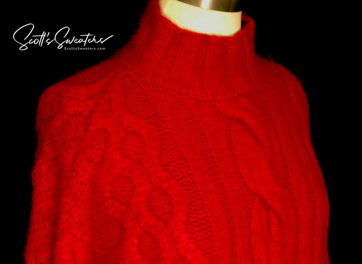 Red woman's cabled mock-turtleneck sweater made of angora, lambswool, and nylon blend