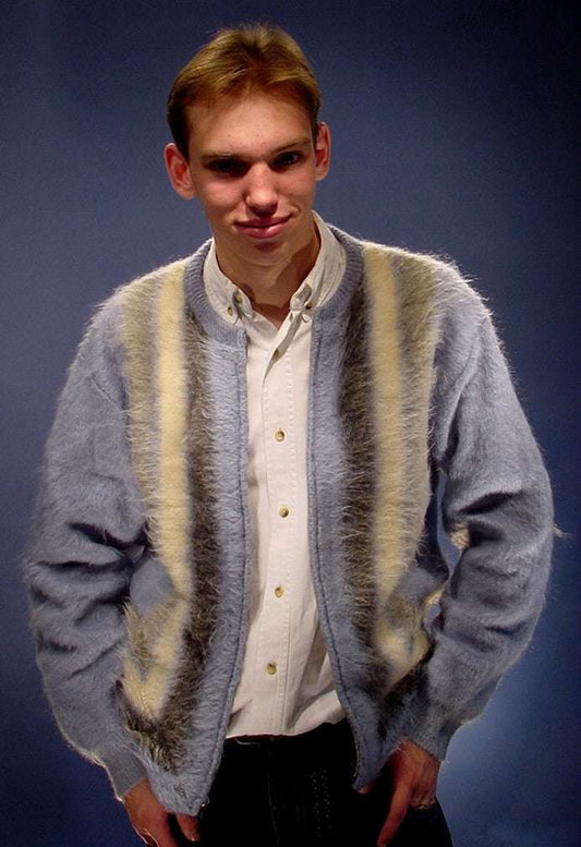 Men's retro striped powder-blue mohair cardigan sweater with zipper front by Sears