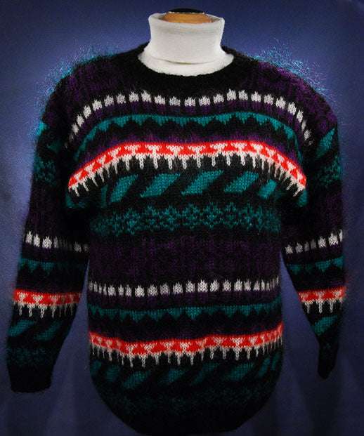 Woman's black multi-color striped crewneck mohair sweater by Knit-Knit medium size