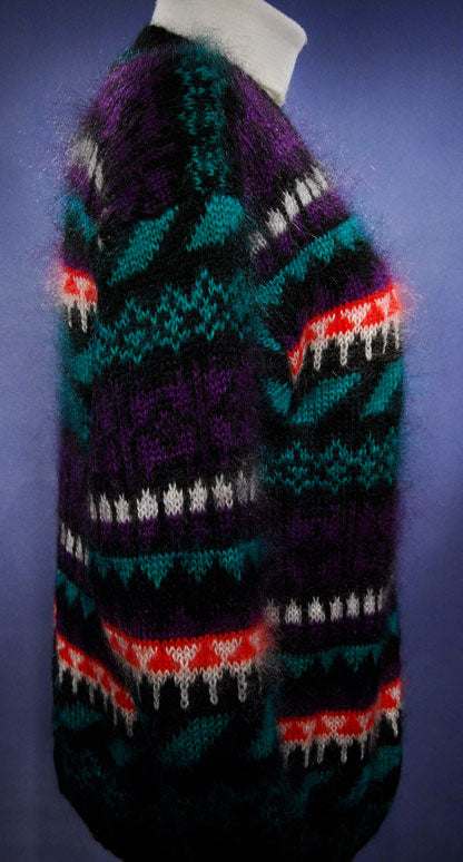 Woman's black multi-color striped mohair acrylic crewneck sweater medium size