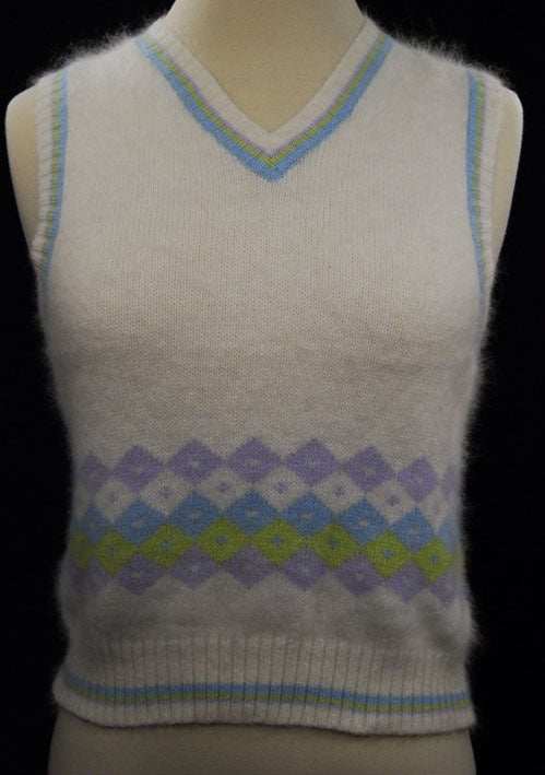 Girl's ivory angora sweater vest with pastel stripe trim and diamond pattern, size 16
