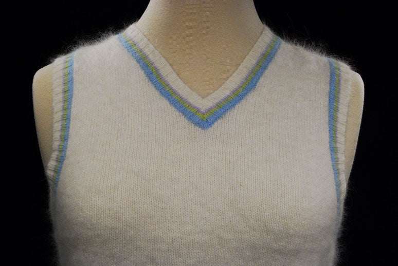 Girl's ivory angora sweater vest with pastel striped trim by Limited Too