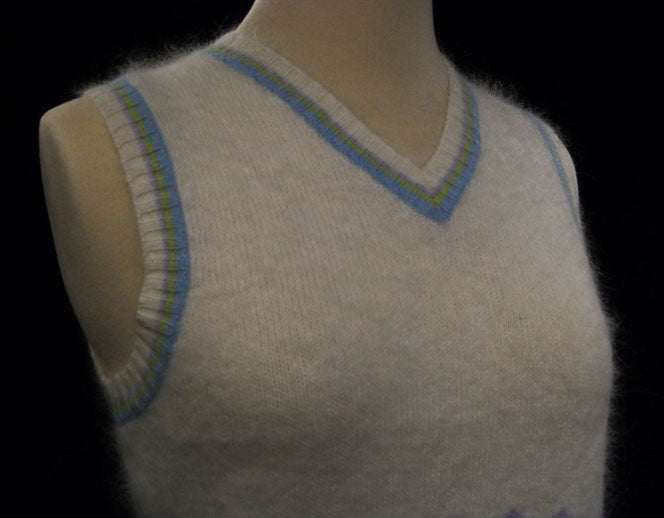 Girl's ivory angora sweater vest with pastel blue and green stripes on trim by The Limited Too, size 16
