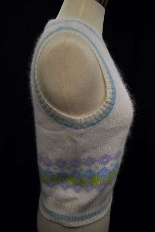 Girl's ivory angora sweater vest with pastel stripe trim and diamond pattern by Limited Too