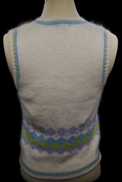 Girl's ivory angora sweater vest with pastel stripe trim and diamond pattern back in size 16