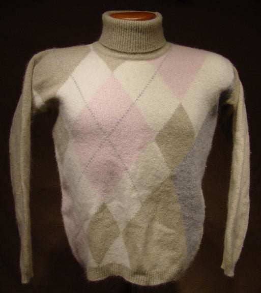 Woman's tan argyle angora lambswool turtleneck sweater with pastel diamond pattern