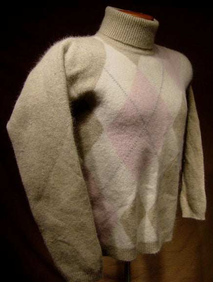 Woman's tan argyle angora-lambswool turtleneck sweater with front diamond pattern