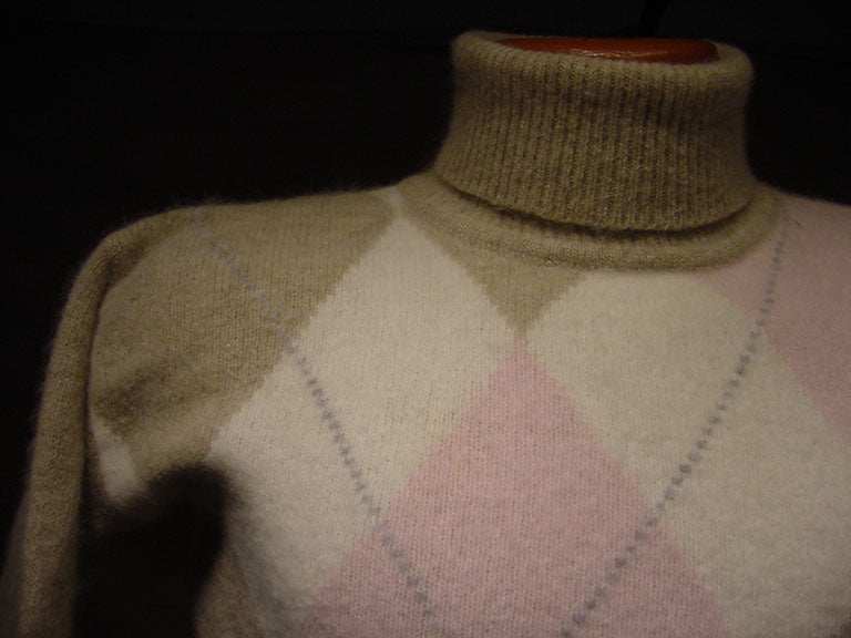 Woman's tan angora-lambswool turtleneck sweater with front argyle design in X-Small/Small size