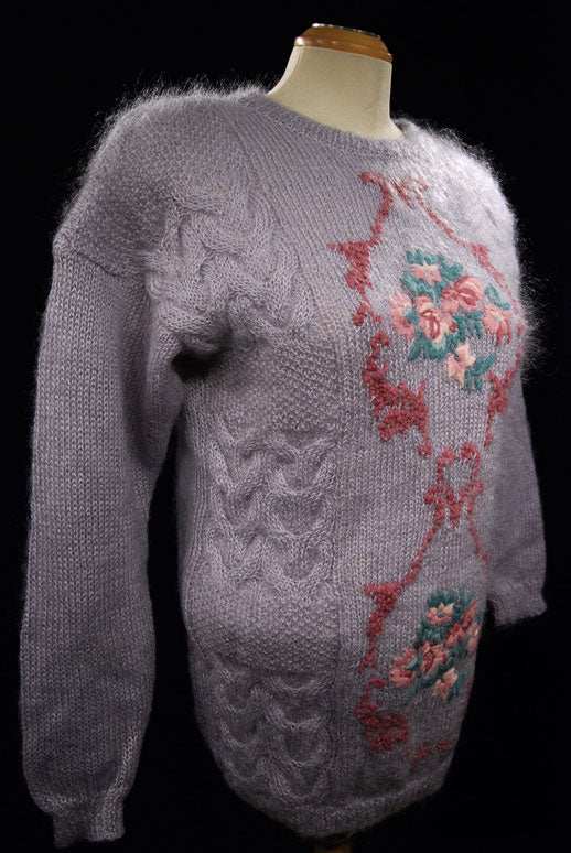 Woman's lavender mohair crewneck sweater with front floral pattern by Studio - Michelle Stuart, size small