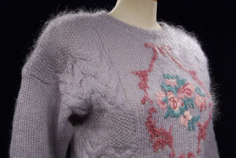 Woman's lavender mohair crewneck sweater with floral pattern by Studio Michelle Stuart, size small