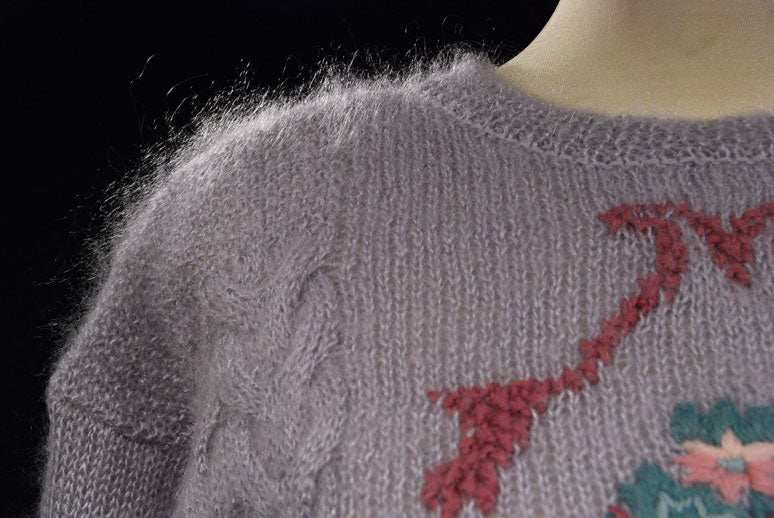 Lavender mohair crewneck sweater for women with red and green floral pattern on front