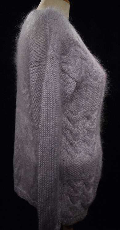 Woman's lavender crewneck mohair sweater with floral pattern front, small size fit
