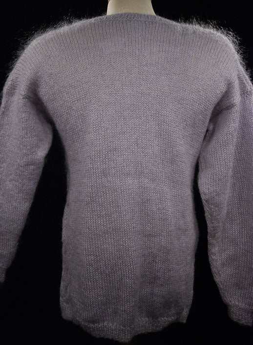 Woman's lavender mohair crewneck sweater with floral pattern, size small
