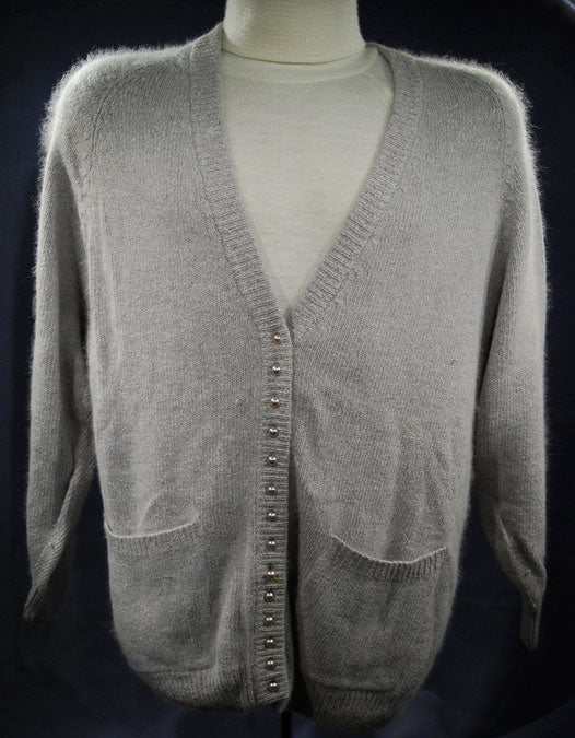 Woman's grey silk-angora cardigan sweater with 14 pearl-like buttons, medium size