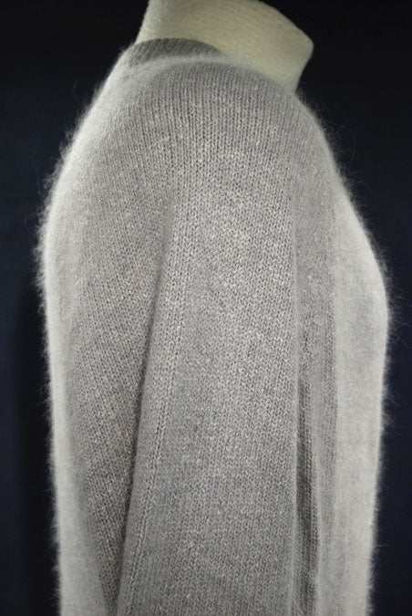 Woman's grey silk-angora cardigan sweater with pearl-like buttons, medium size