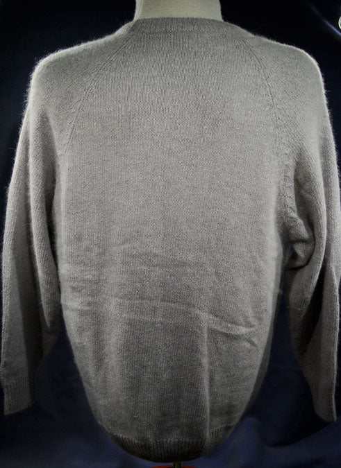 Woman's grey silk-angora cardigan sweater medium size back view with soft texture