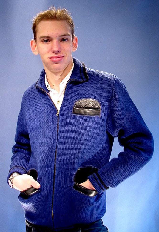Men's retro zipper-front royal blue wool cardigan with black leather-trimmed pockets, X-Small (38)