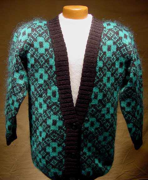 Woman's retro green and black mohair-blend deep V-neck cardigan sweater plus size