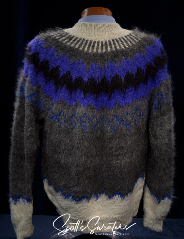 Unisex wonderfully soft alpaca cardigan sweater with grey, white trim, and blue and black yoke design by Rey Wear in size small-medium.