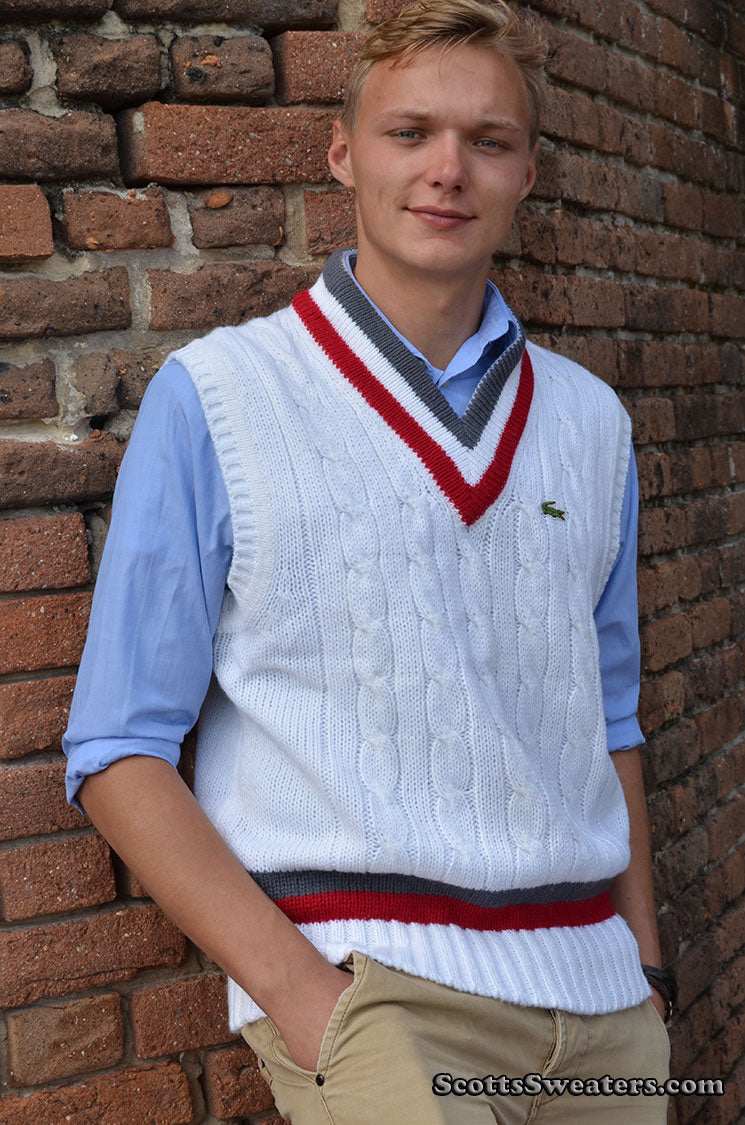 Men's Classic Retro Izod Tennis Sweater Sleeveless Vest Grey/Red Stripes