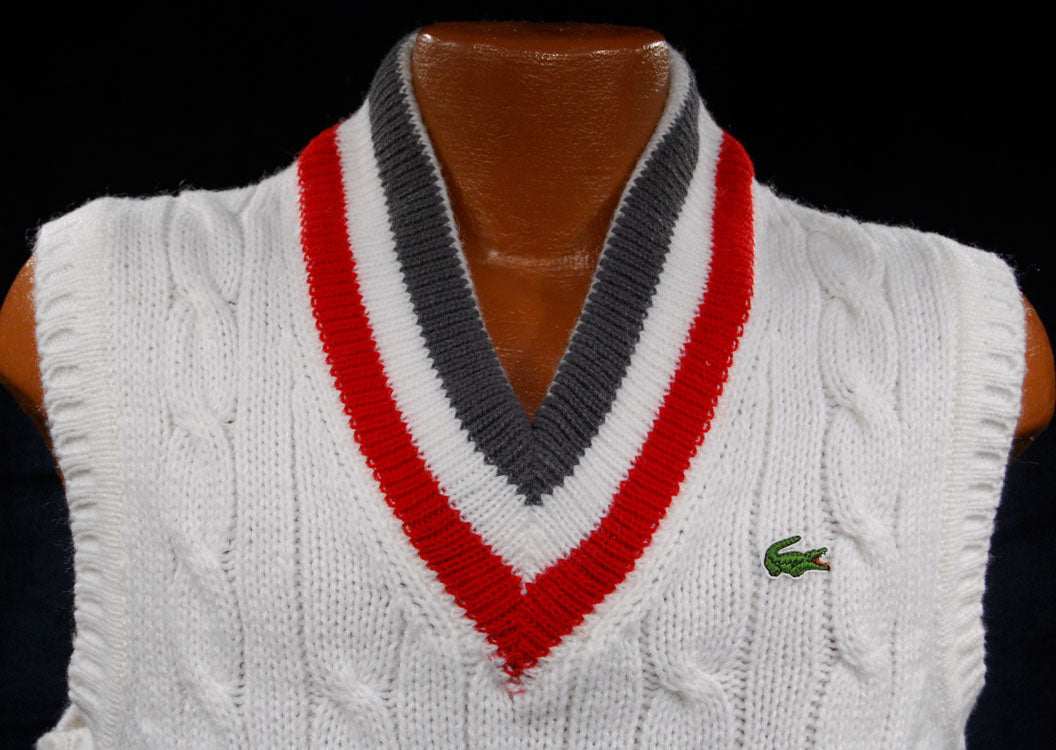 Men's Classic Retro Izod Tennis Sweater Sleeveless Vest Grey/Red Stripes