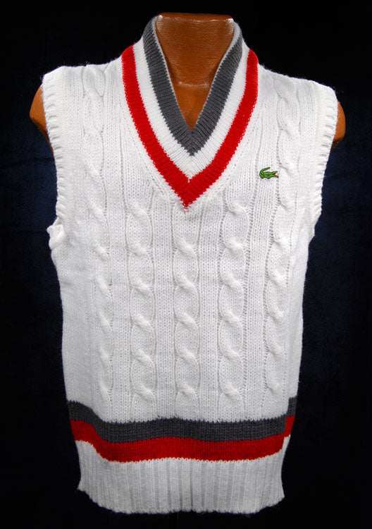 Men's Classic Retro Izod Tennis Sweater Sleeveless Vest Grey/Red Stripes