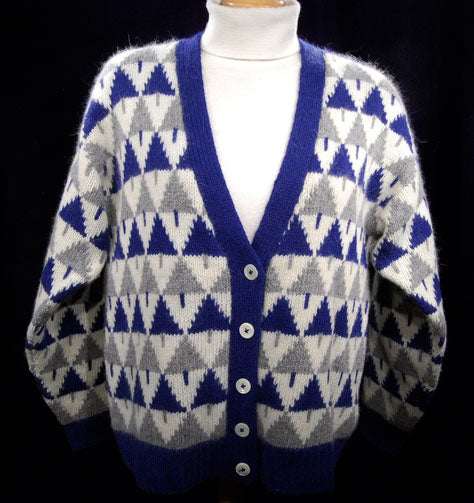 Woman's blue, grey, and white angora-lambswool Christmas tree pattern cardigan sweater, large size