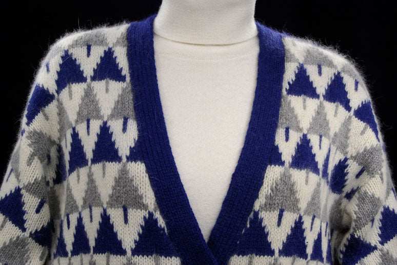 Woman's blue, grey, and white angora lambswool Christmas tree cardigan sweater