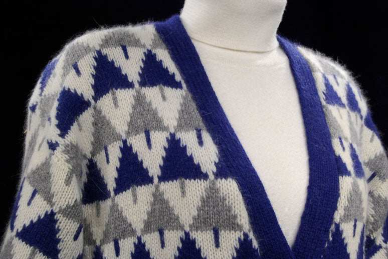 Woman's blue, grey, and white angora lambswool Christmas tree pattern cardigan sweater in large size