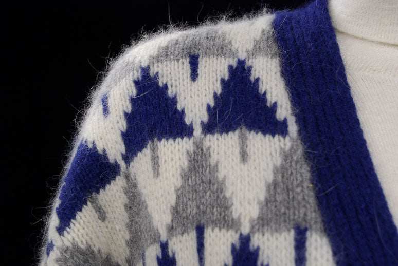 Woman's blue, grey, and white angora lambswool Christmas tree cardigan sweater detail