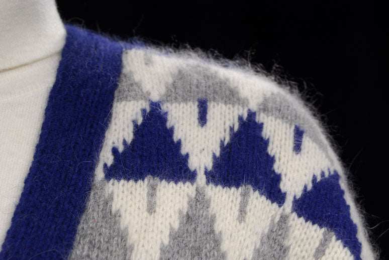 Woman's blue, grey, and white angora lambswool cardigan with Christmas tree pattern