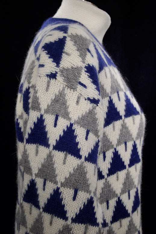 Woman's blue, grey, and white angora lambswool cardigan with Christmas tree pattern in large size