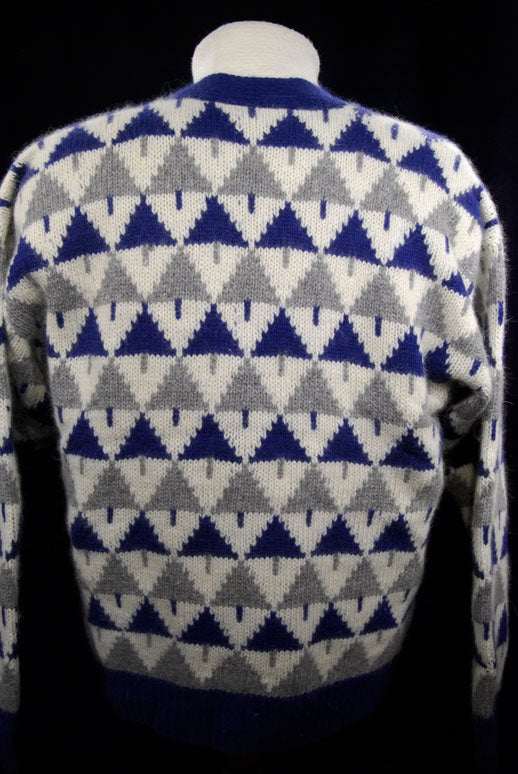 Woman's blue grey white angora lambswool Christmas tree patterned cardigan sweater large size