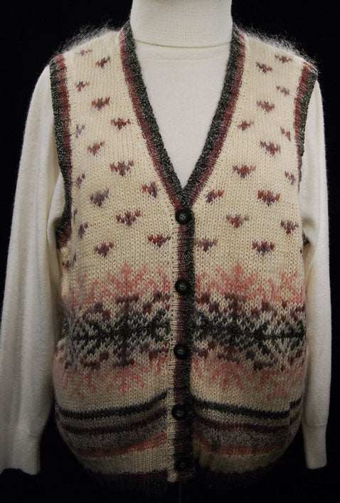 Woman's ivory mohair cardigan vest with mauve and gray pattern by St. John's Bay, medium size