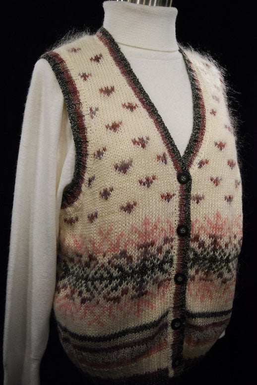 Woman's ivory mohair cardigan vest with mauve and gray pattern by St. John's Bay, medium size