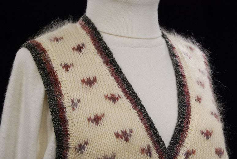 Woman's ivory mohair cardigan vest with mauve and gray pattern by St. John's Bay, medium size