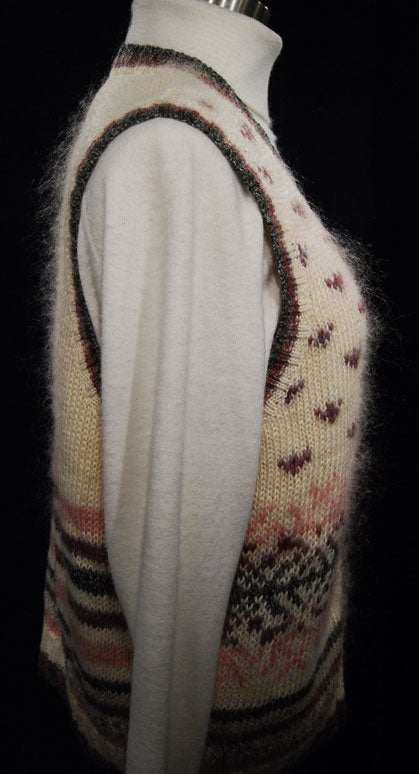 Woman's ivory mohair cardigan sweater vest with mauve and gray design by St. John's Bay, medium size