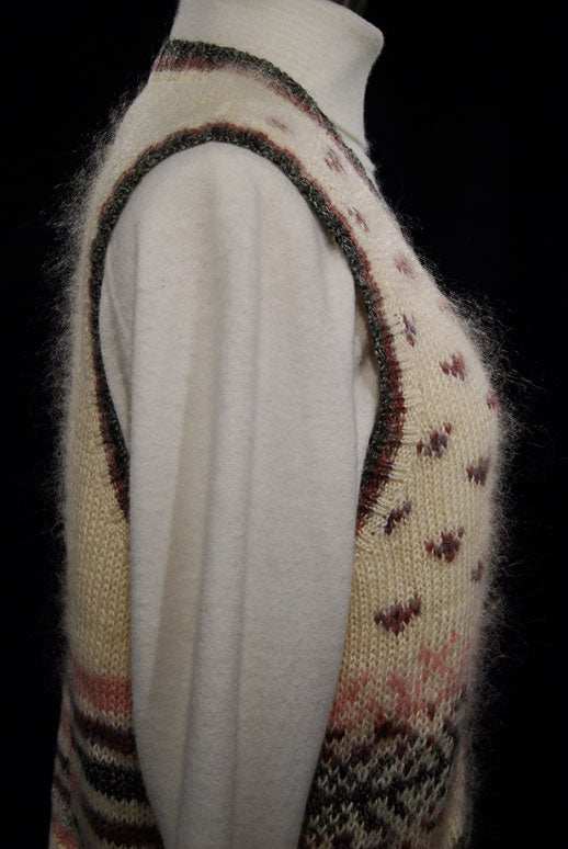 Woman's ivory mohair cardigan vest with mauve and gray design by St. John's Bay in medium size