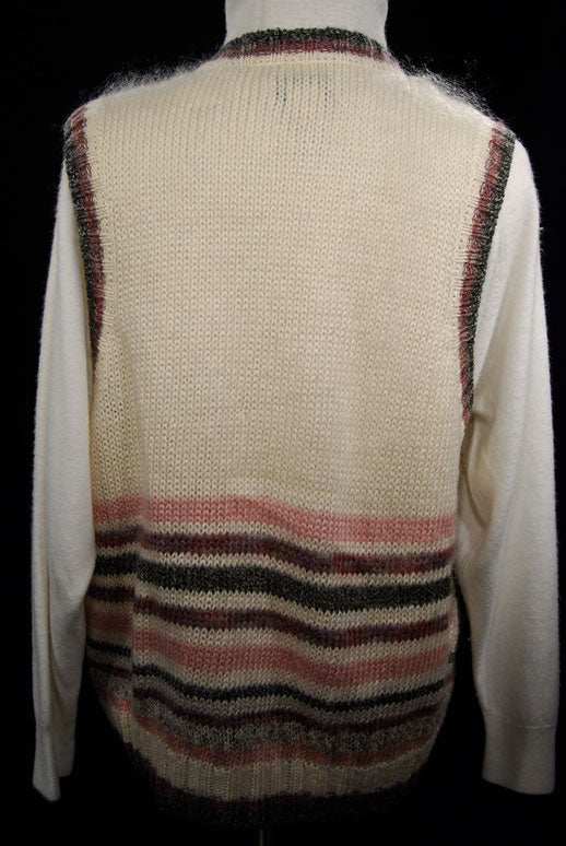 Back view of woman's ivory mohair cardigan vest with mauve and gray striped design by St. John's Bay, medium size