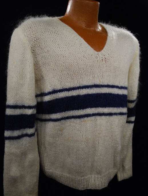 Men's white faux-mohair V-neck sweater with blue chest stripes, hand-knit, size small