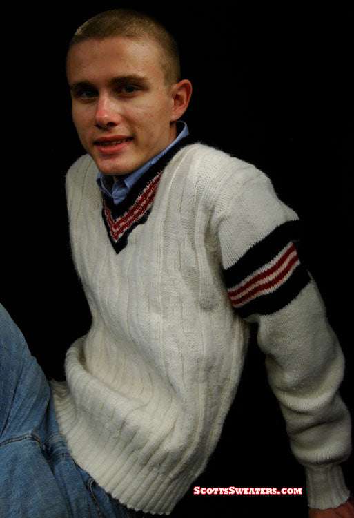 Men's retro cable-knit V-neck tennis sweater with sporty stripes by Interwoven