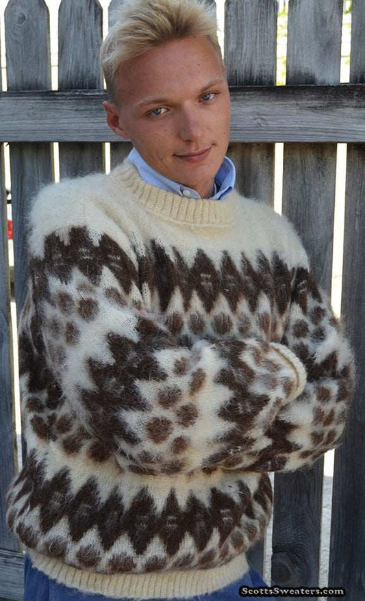 Men's retro Icelandic wool crewneck sweater in natural white with brown design by Lord Jeff