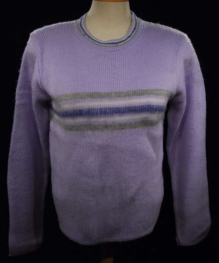 Girl's purple brushed acrylic crewneck pullover medium with striped detail