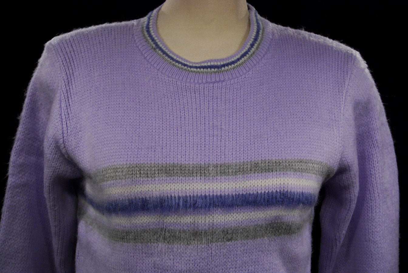 Girl's purple brushed acrylic crewneck pullover medium with striped pattern