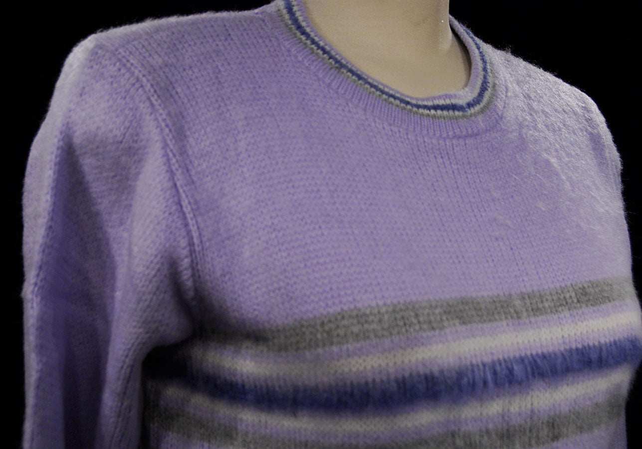 Girl's purple brushed acrylic crewneck pullover medium size with striped detail