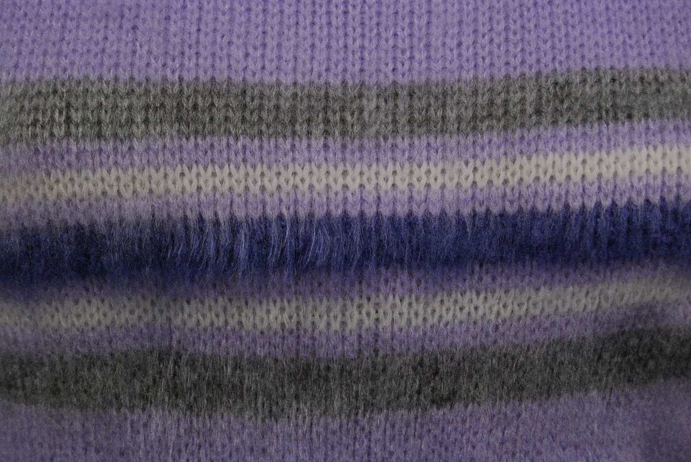 Close-up of girl's purple brushed acrylic crewneck pullover fabric with gray and navy stripes