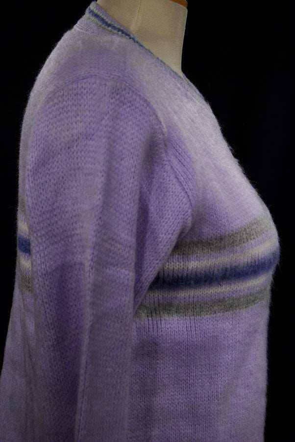 Girl's purple brushed acrylic crewneck pullover medium with gray and blue stripes